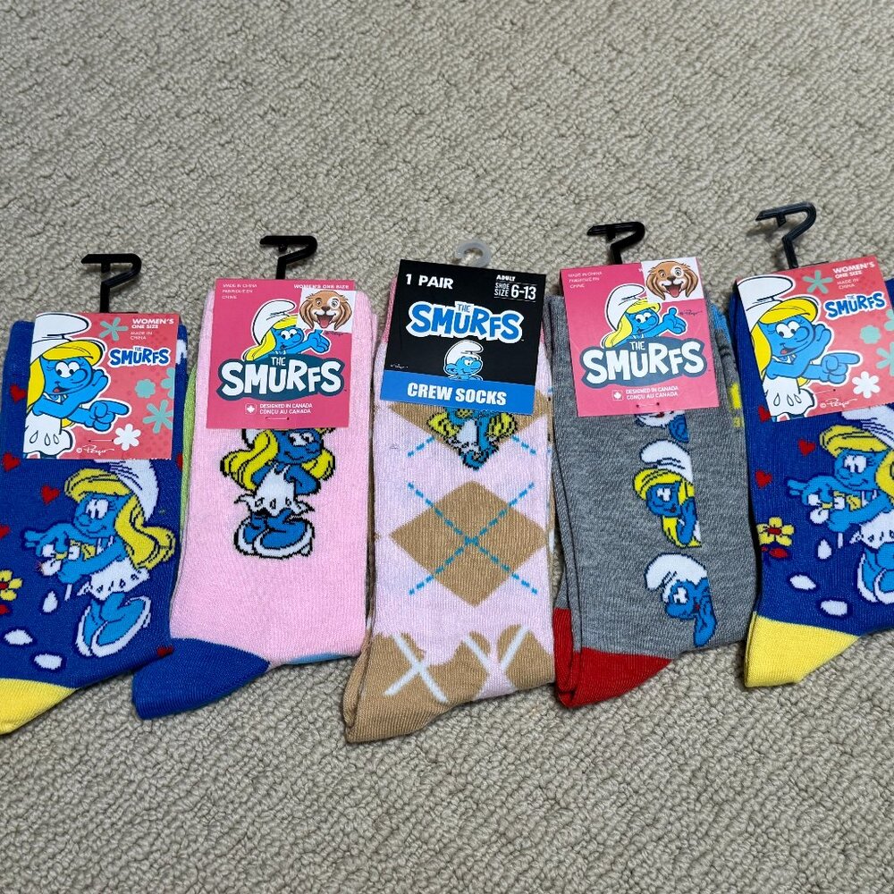 5 Smurfs Smurfette New Novelty Crew Socks Size 6-12/13 - Men's/Women's -
